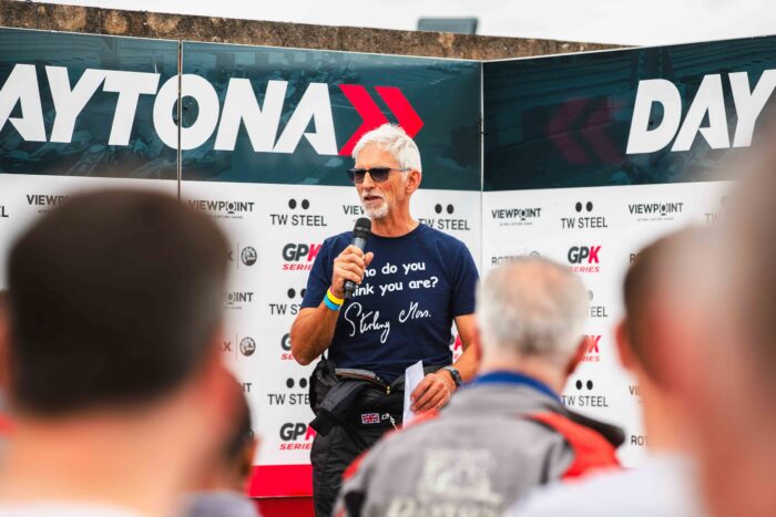 Damon Hill speaking at Daytona Sandown for the Damon Hill karting challenge
