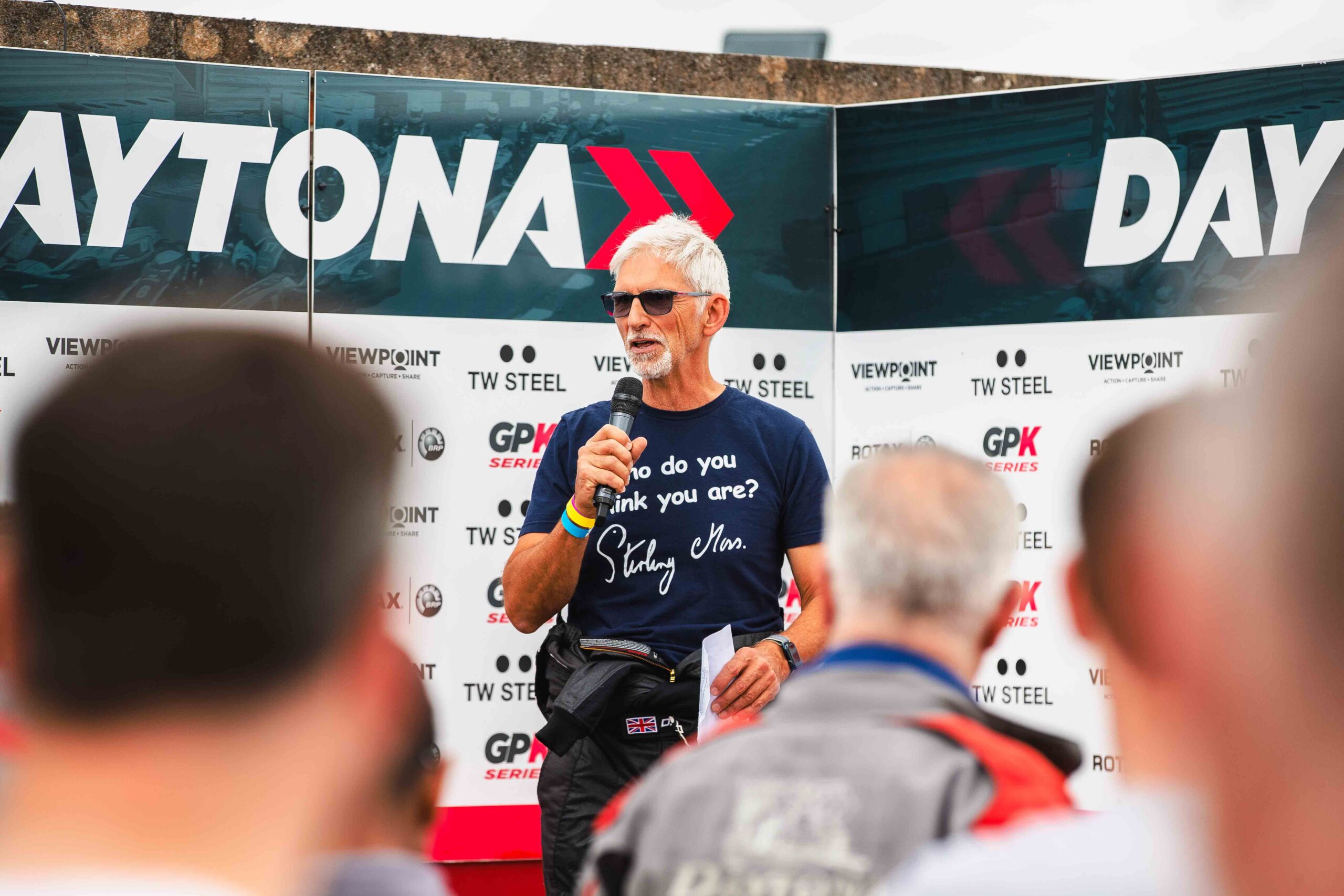Damon Hill speaking at Daytona Sandown for the Damon Hill karting challenge